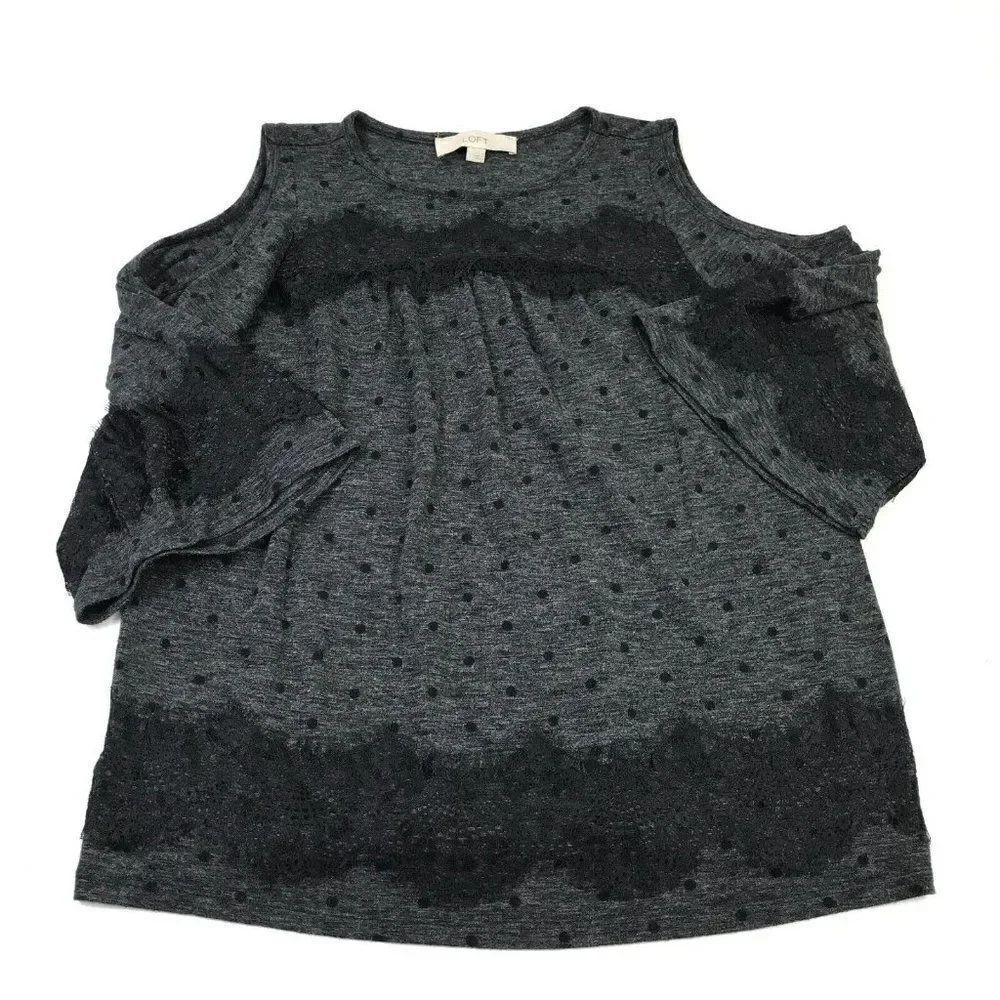 L LOFT Lace Trim Knit Top Polka Dot Cold Shoulder 3/4 Sleeve Casual Chic Shirt S